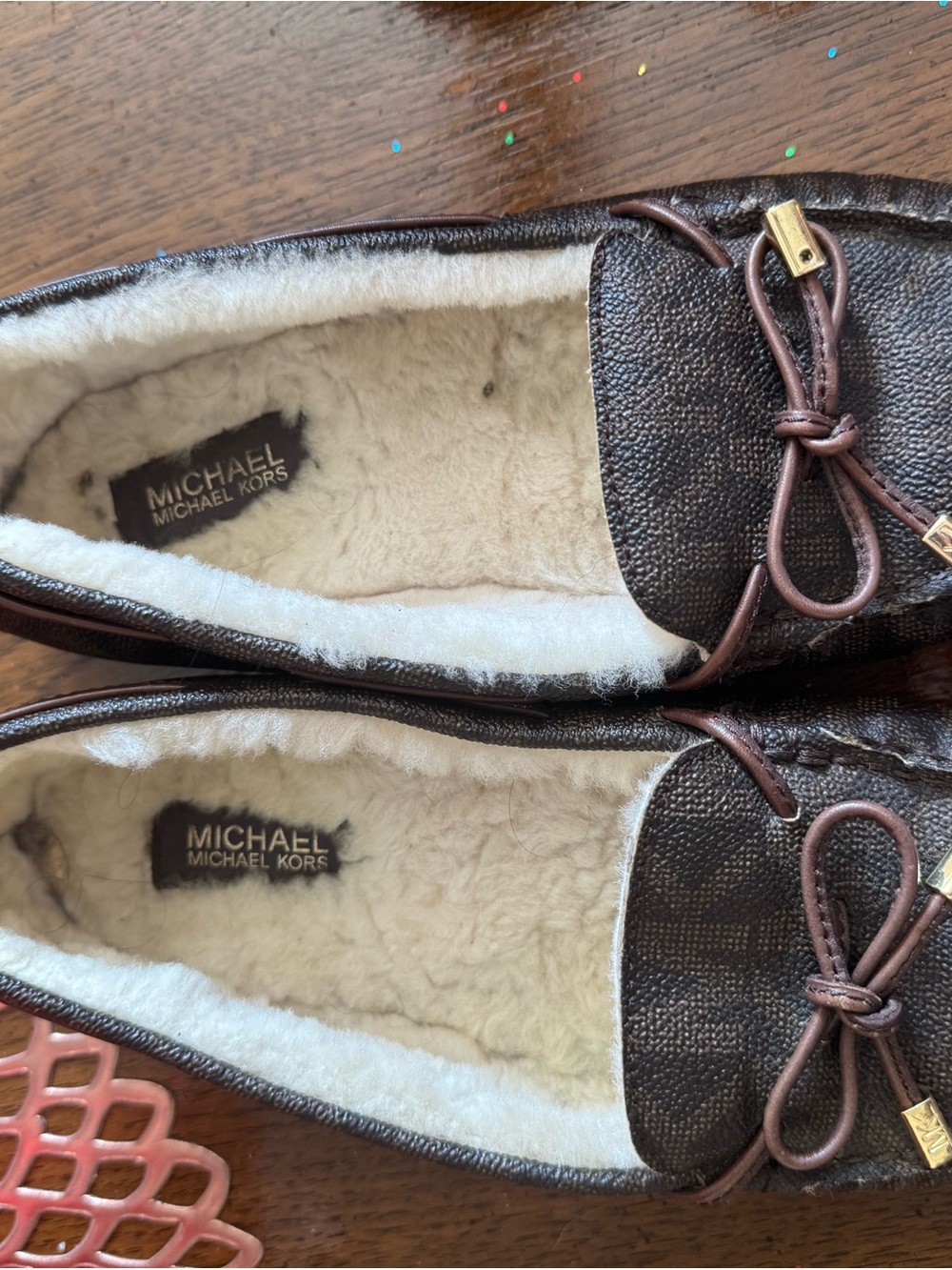 Michael Kors Brown Leather Moccasin Slippers with White Shearling Lining